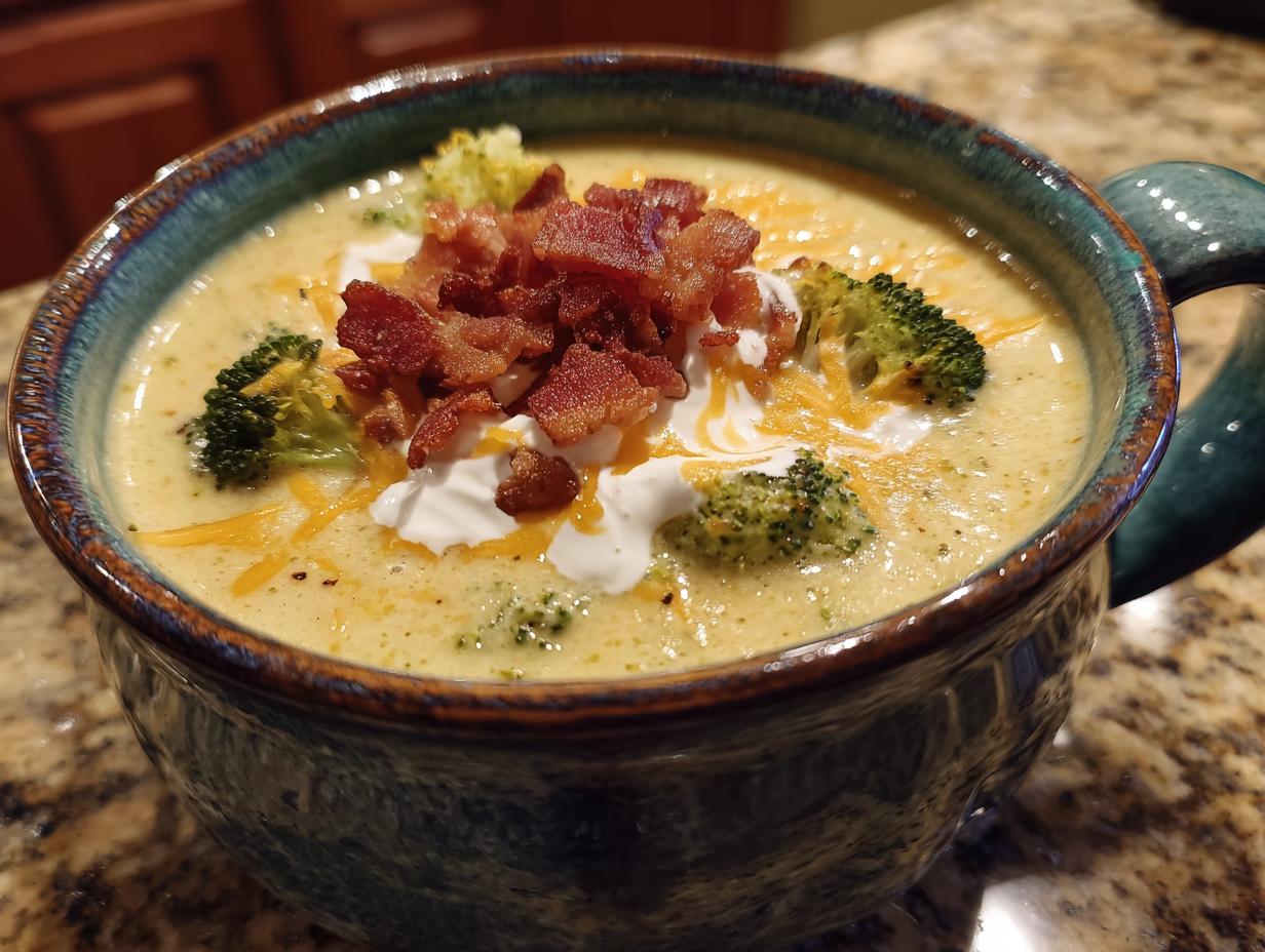 A hearty bowl of loaded broccoli cheddar soup topped with crispy bacon, shredded cheddar cheese, and a dollop of sour cream.