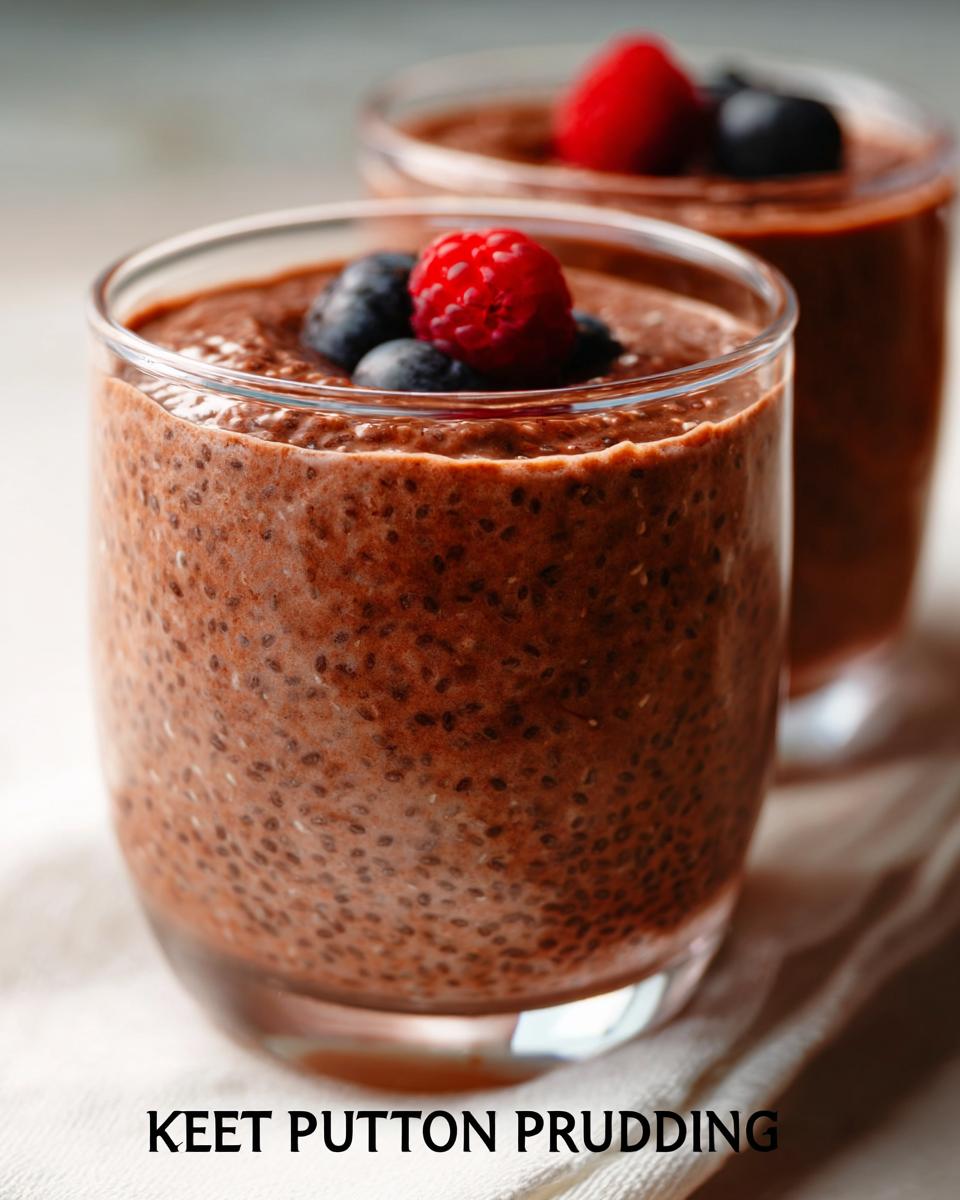 Close-up of a glass of chocolate Low Carb Protein Pudding topped with fresh raspberries and blueberries.