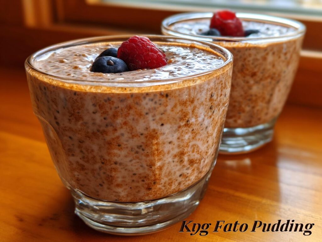 Two glasses of creamy Low Carb Protein Pudding topped with fresh raspberries and blueberries.