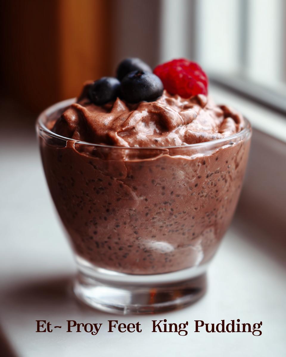 A close-up of a glass of low carb protein pudding topped with blueberries and a raspberry.