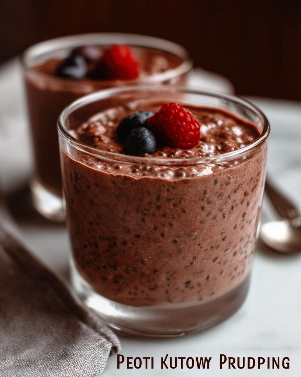 Close-up of a glass of rich chocolate Low Carb Protein Pudding topped with fresh blueberries and a raspberry.