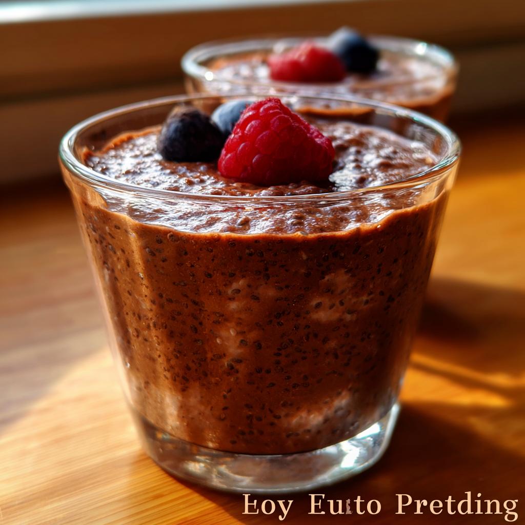 Close-up of a glass of rich chocolate Low Carb Protein Pudding topped with fresh raspberries and blueberries.