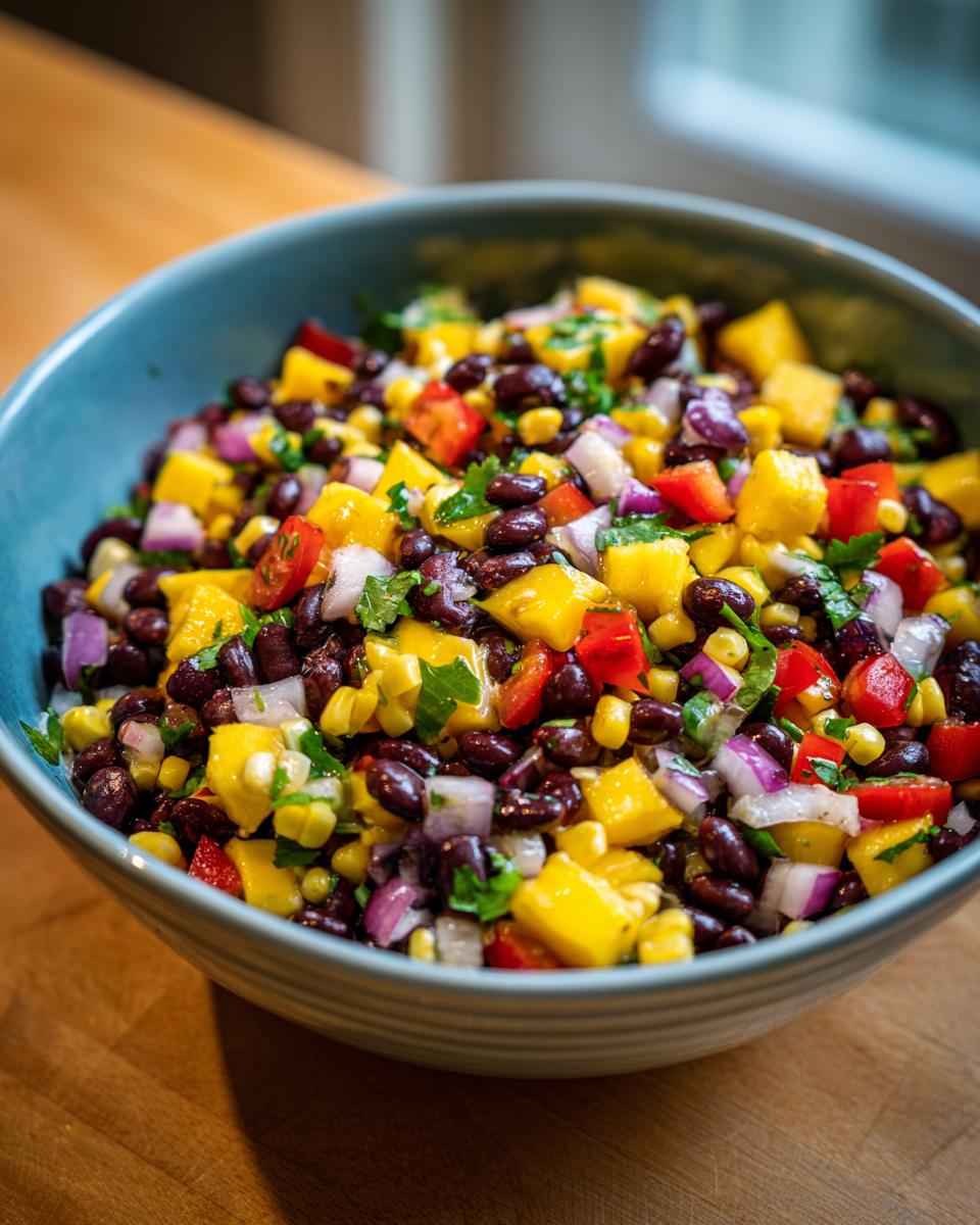 A vibrant bowl of Summer Salad Recipes With Mango Black Bean, featuring black beans, corn, mango, red onion, and red bell pepper.