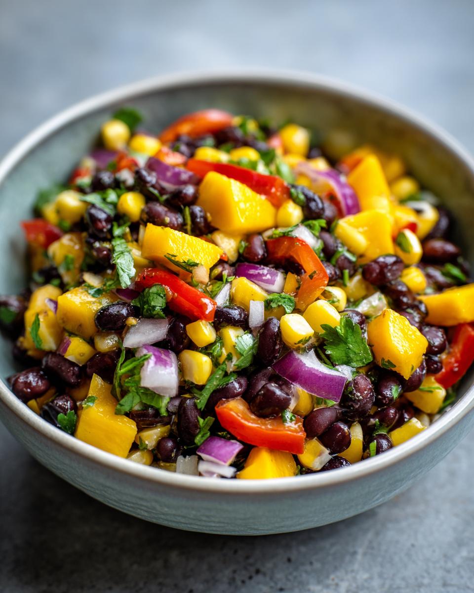 Close-up of a vibrant Summer Salad with Mango, Black Beans, Corn, Red Onion, and Bell Peppers.