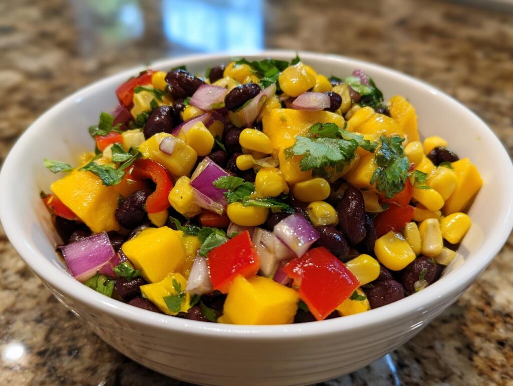 A vibrant bowl of Summer Salad Recipes With Mango Black Bean Picnic Salad, featuring diced mango, black beans, corn, red bell pepper, and red onion.