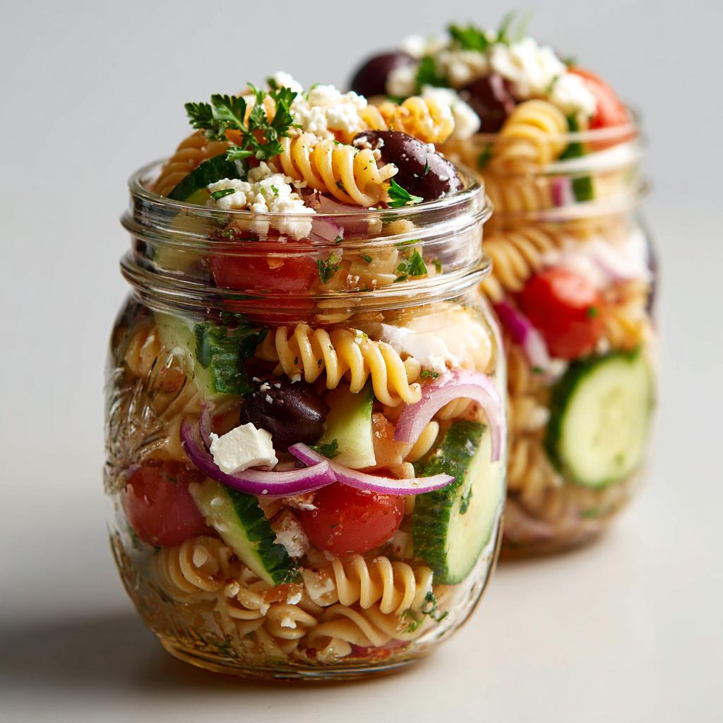 Two mason jars filled with colorful Mediterranean pasta salad, featuring rotini pasta, cucumber, tomatoes, olives, feta, and red onion.