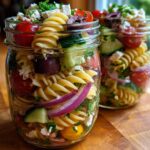 Two mason jars filled with colorful Mediterranean pasta salad, featuring rotini pasta, cherry tomatoes, cucumber, olives, feta, and red onion.