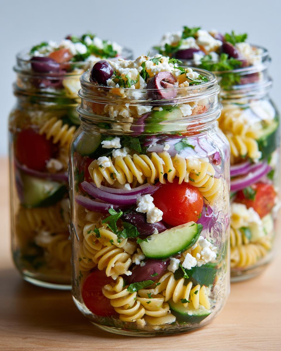 Three mason jars filled with Mediterranean pasta salad, featuring rotini pasta, tomatoes, cucumbers, red onion, olives, and feta cheese.