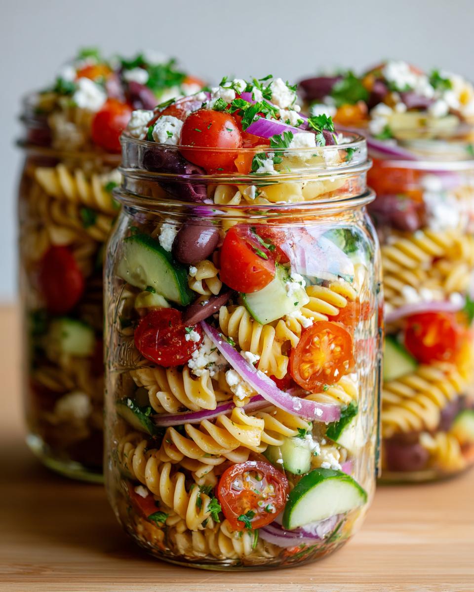 Close-up of Mediterranean Pasta Salad Jars filled with rotini pasta, cherry tomatoes, cucumbers, olives, feta, and red onion.