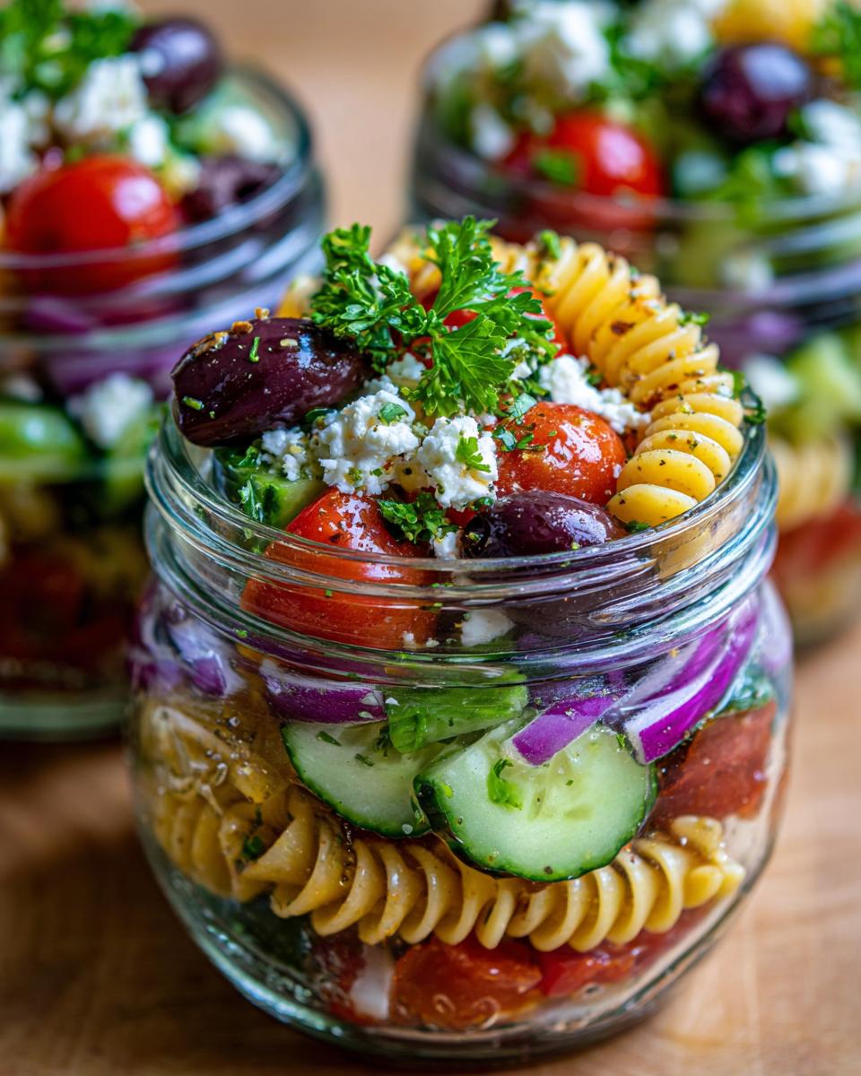 Close-up of a Mediterranean Pasta Salad Jar filled with rotini pasta, tomatoes, cucumbers, olives, feta cheese, and red onion.