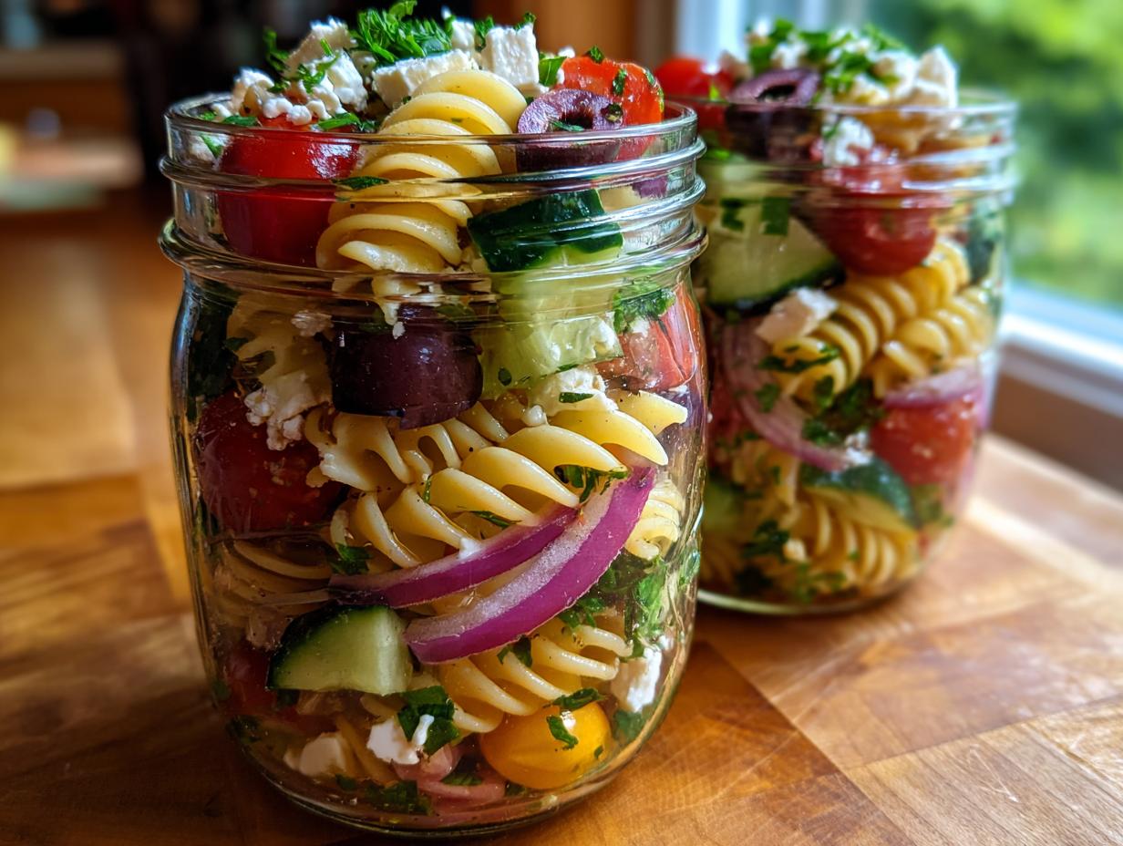 Two mason jars filled with colorful Mediterranean pasta salad, featuring rotini pasta, cherry tomatoes, cucumber, olives, feta, and red onion.
