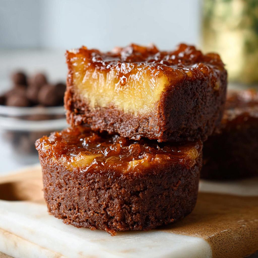 A stack of two delicious mini pineapple upside-down cheesecakes, showcasing the caramelized pineapple topping and rich chocolate cake base.