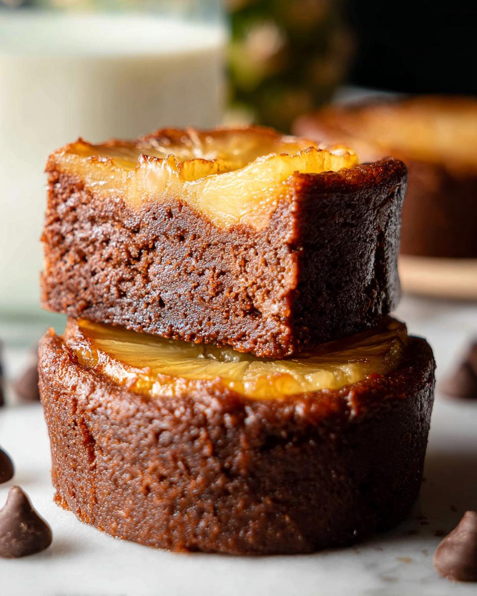Two mini pineapple upside-down cheesecakes stacked, showing the rich chocolate cake and caramelized pineapple topping.