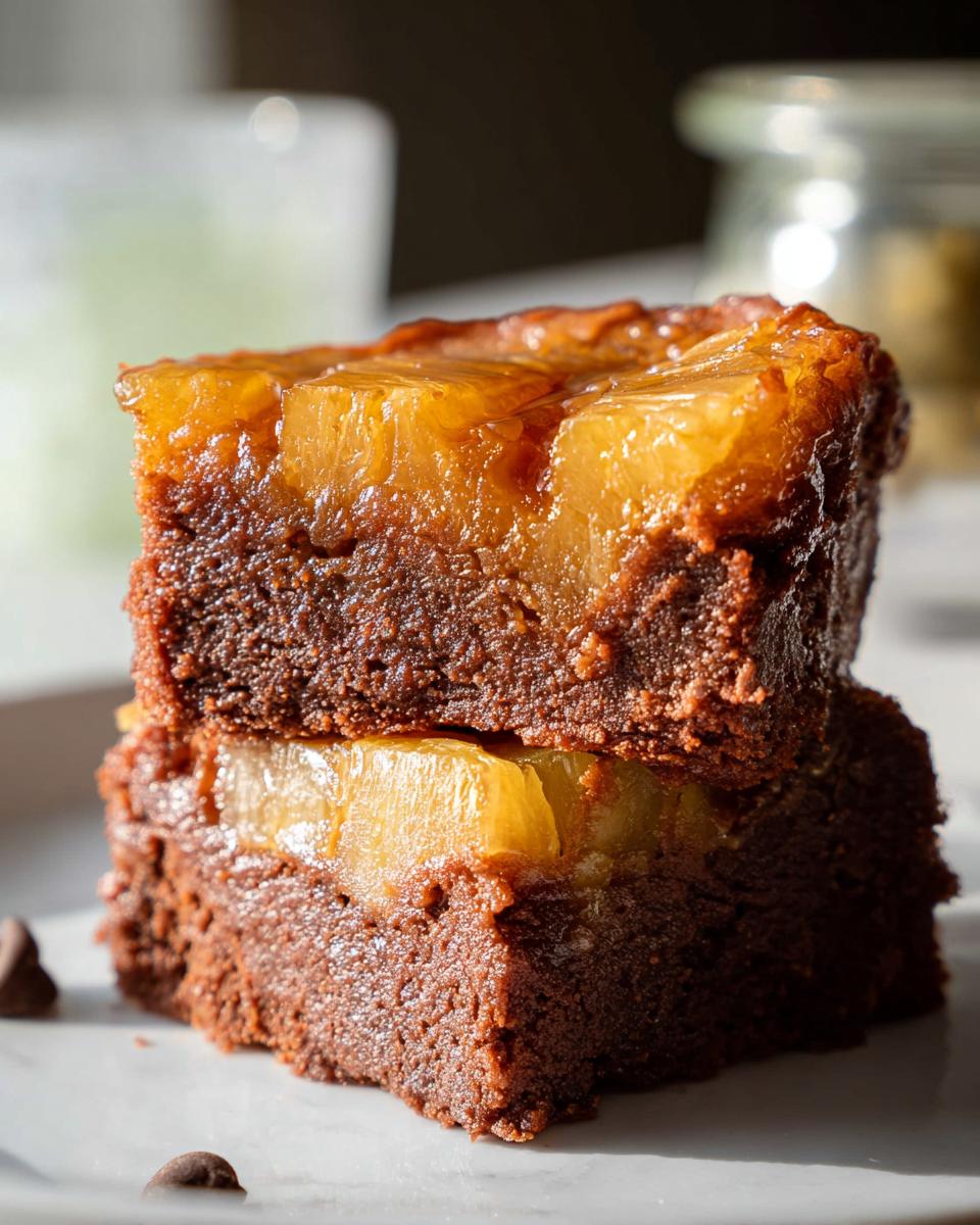 Two rich chocolate Mini Pineapple Upside-Down Cheesecakes stacked on a white plate, with pineapple chunks visible.