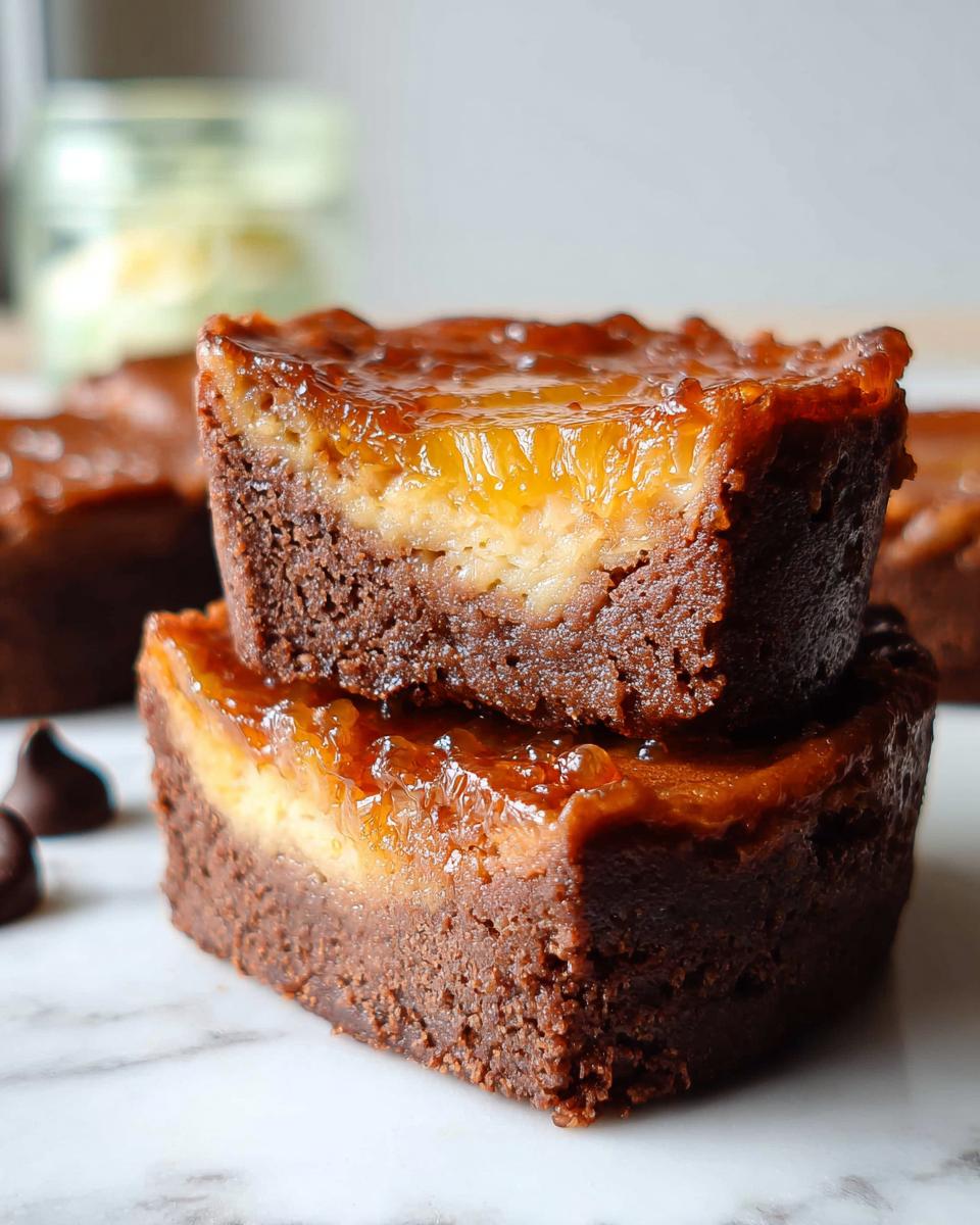 Two mini pineapple upside-down cheesecakes stacked, showing a rich chocolate base and gooey pineapple topping.