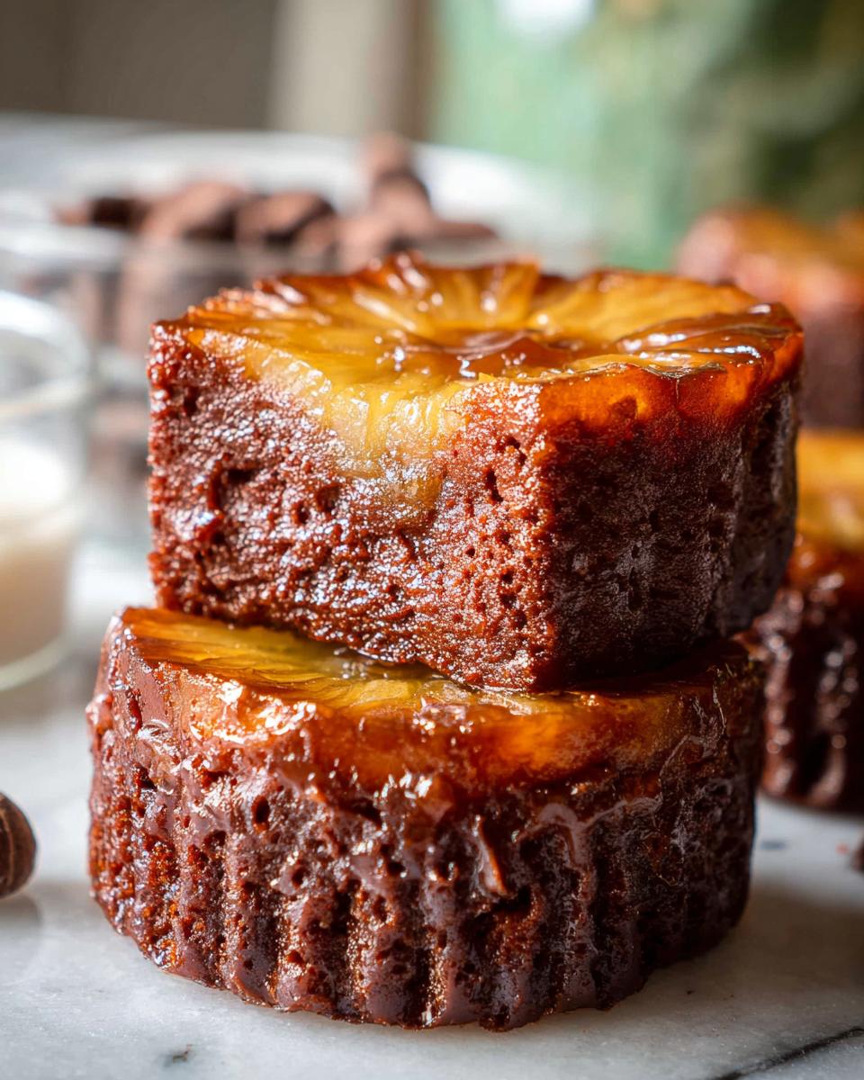 Two mini pineapple upside-down cheesecakes stacked on a marble surface, showcasing the caramelized pineapple topping.