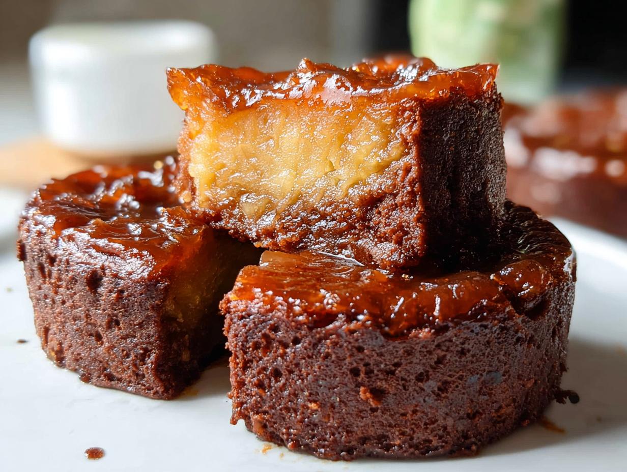 Close-up of mini pineapple upside-down cheesecakes with a rich caramel topping.