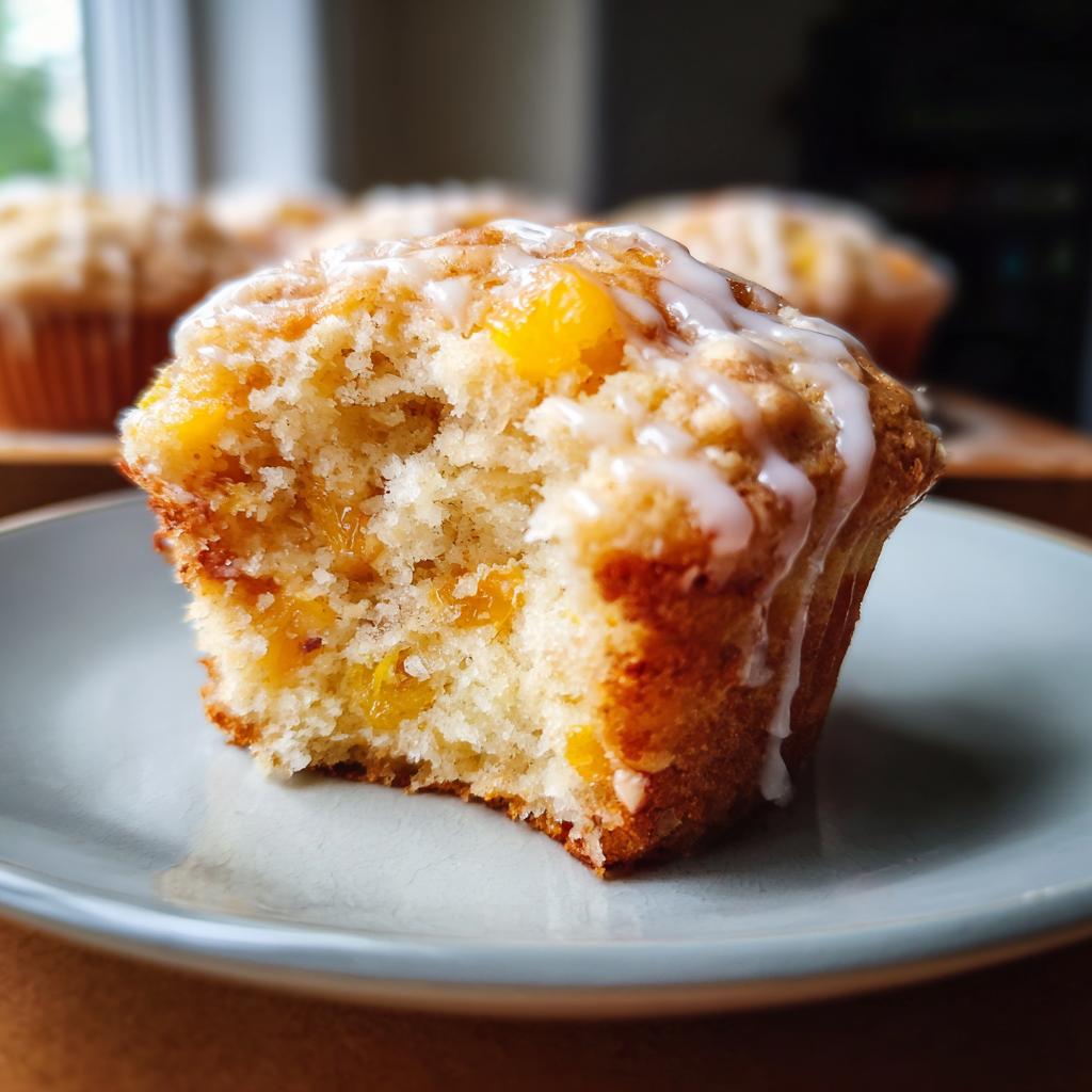 A close-up of a moist peach muffin, drizzled with vanilla glaze, with a bite taken out.