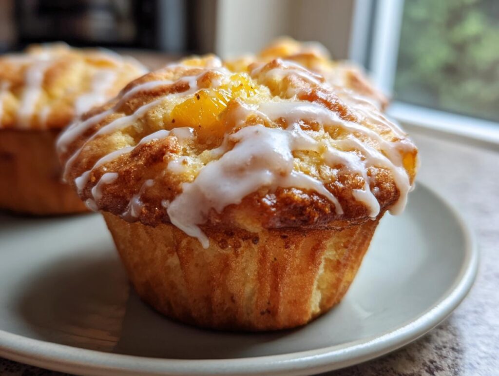 Close-up of a moist peach muffin topped with vanilla glaze and visible peach pieces.