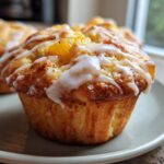 Close-up of a moist peach muffin topped with vanilla glaze and visible peach pieces.