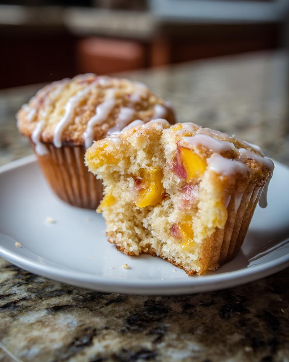 Close-up of a moist peach muffin with vanilla glaze, showing chunks of fresh peach inside.