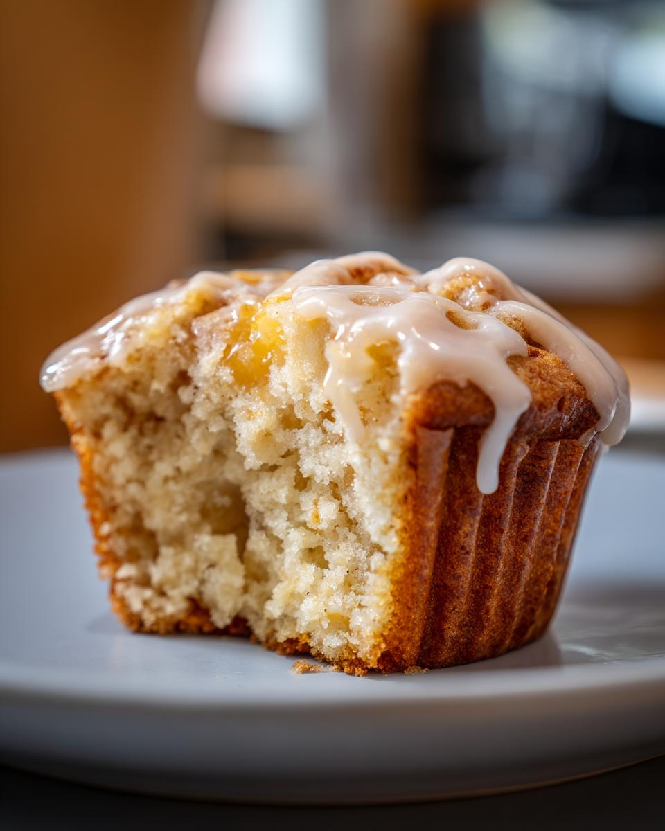 A moist peach muffin topped with vanilla glaze, with a bite taken out to show the fluffy interior.