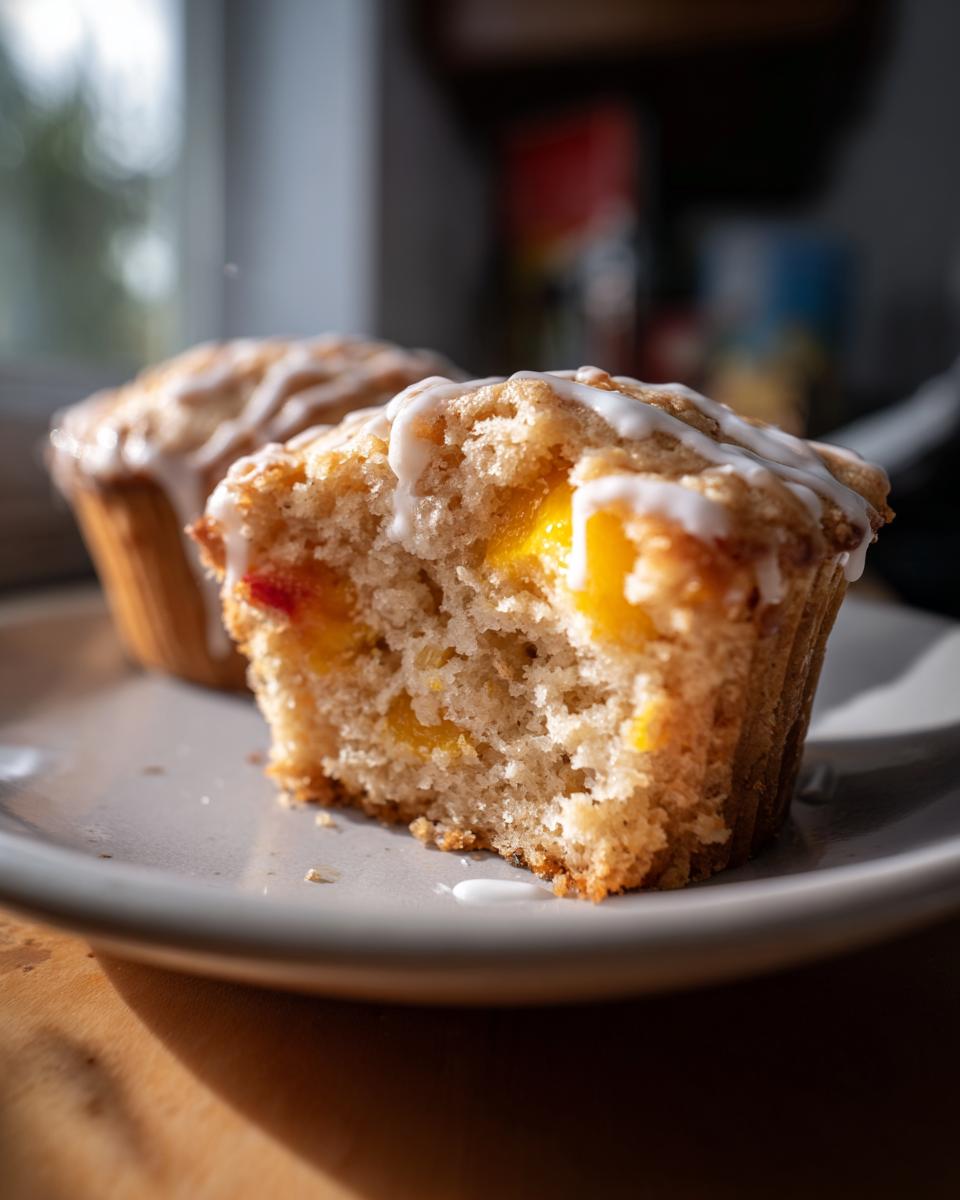 Close-up of a moist peach muffin with vanilla glaze, showing chunks of peach inside.
