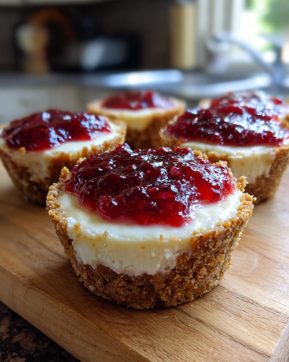 Close-up of no bake cheesecake cups topped with red jam, perfect for Fourth of July desserts.