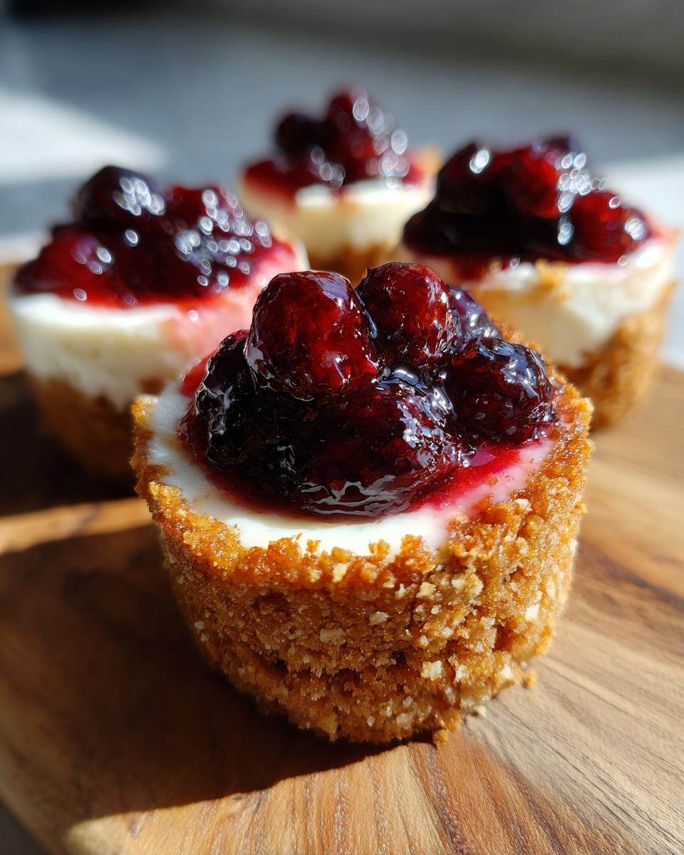 Close-up of no bake cheesecake cups topped with a vibrant berry compote, perfect for Fourth of July desserts.