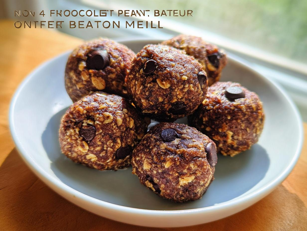 A bowl of No-Bake Chocolate Peanut Butter Protein Balls with visible chocolate chips and oats.