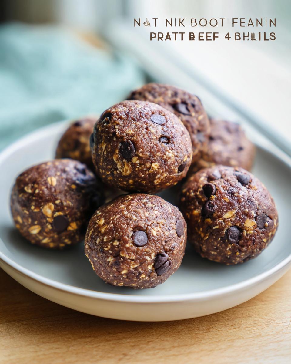 A pile of No-Bake Chocolate Peanut Butter Protein Balls studded with chocolate chips on a light gray plate.