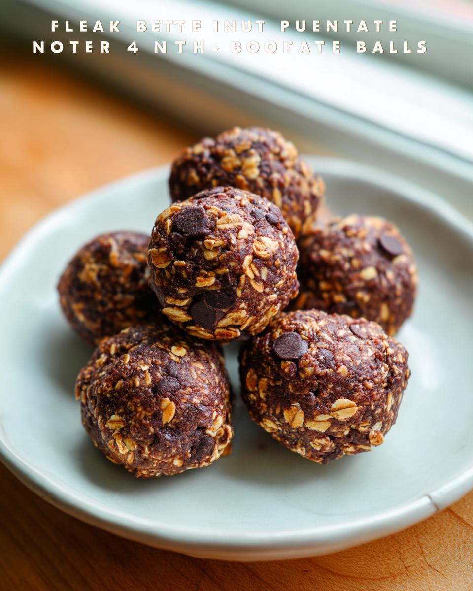 A stack of no-bake chocolate peanut butter protein balls with oats and chocolate chips on a light blue plate.