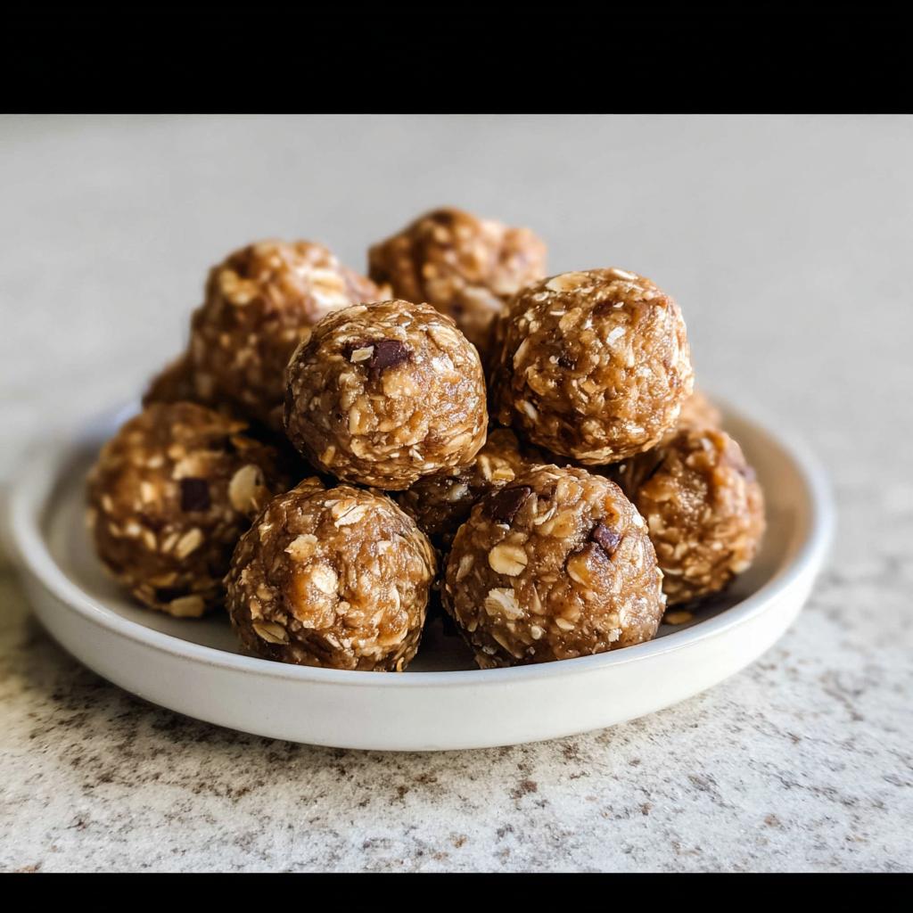 A pile of delicious No-Bake Chocolate Peanut Butter Protein Balls on a white plate, featuring oats and chocolate chips.