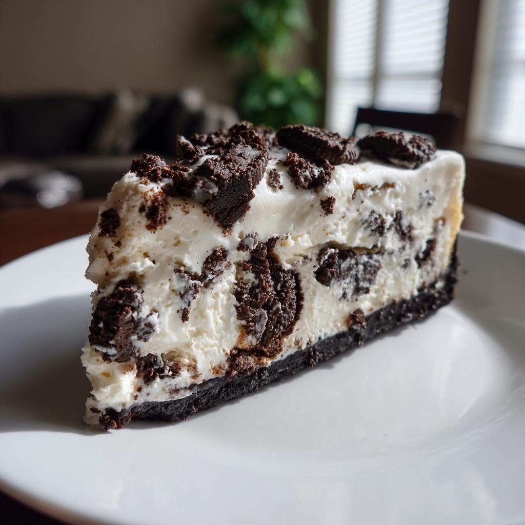 A delicious slice of no bake Oreo cheesecake on a white plate, featuring a chocolate cookie crust and creamy filling with Oreo chunks.