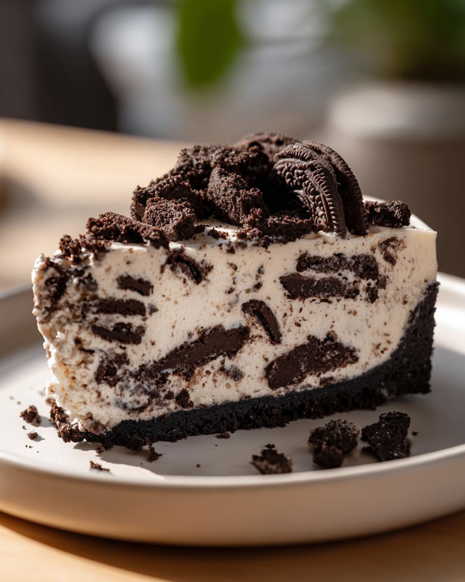A decadent slice of no bake Oreo cheesecake with chunks of Oreo cookies and a chocolate cookie crust.