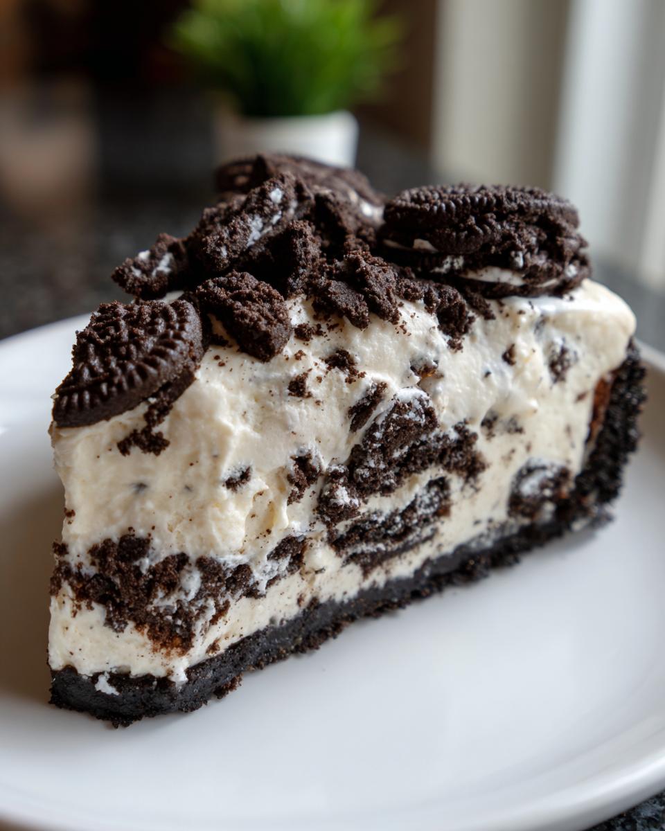 A slice of decadent no bake Oreo cheesecake on a white plate, topped with crushed Oreos.