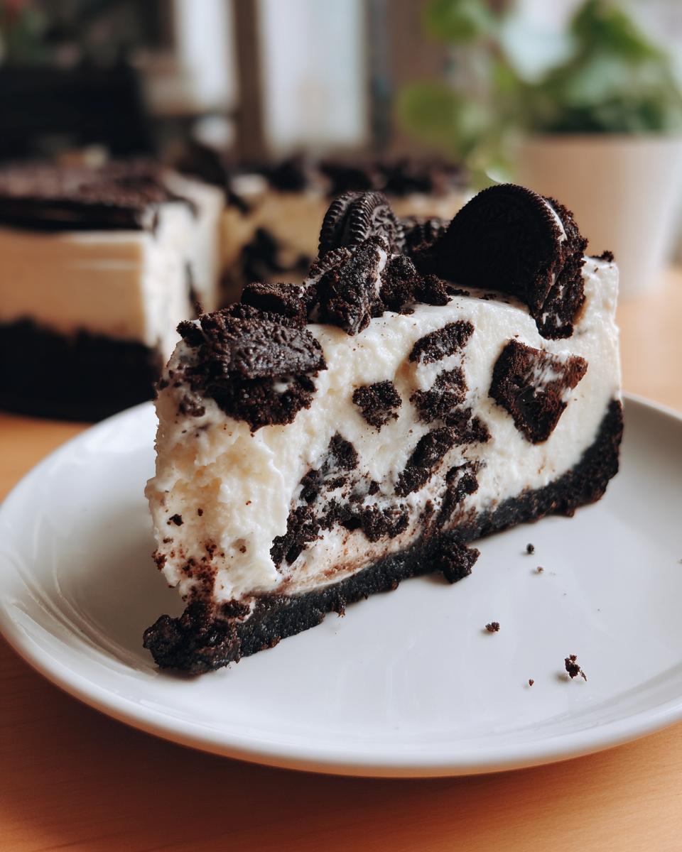 A decadent slice of no bake Oreo cheesecake on a white plate, topped with crushed Oreos and whole Oreo cookies.