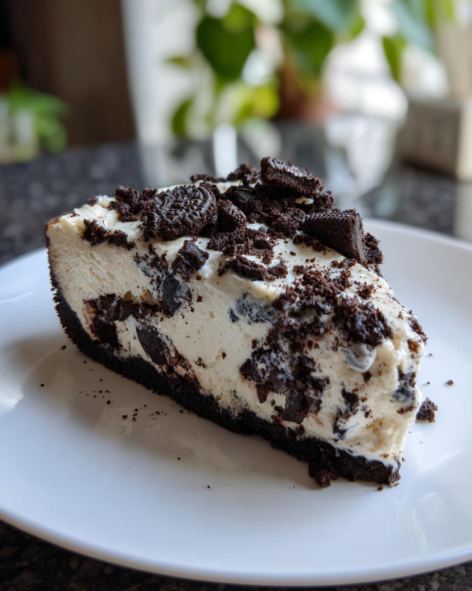 A slice of no bake Oreo cheesecake on a white plate, topped with crushed Oreos and whole Oreo cookies.