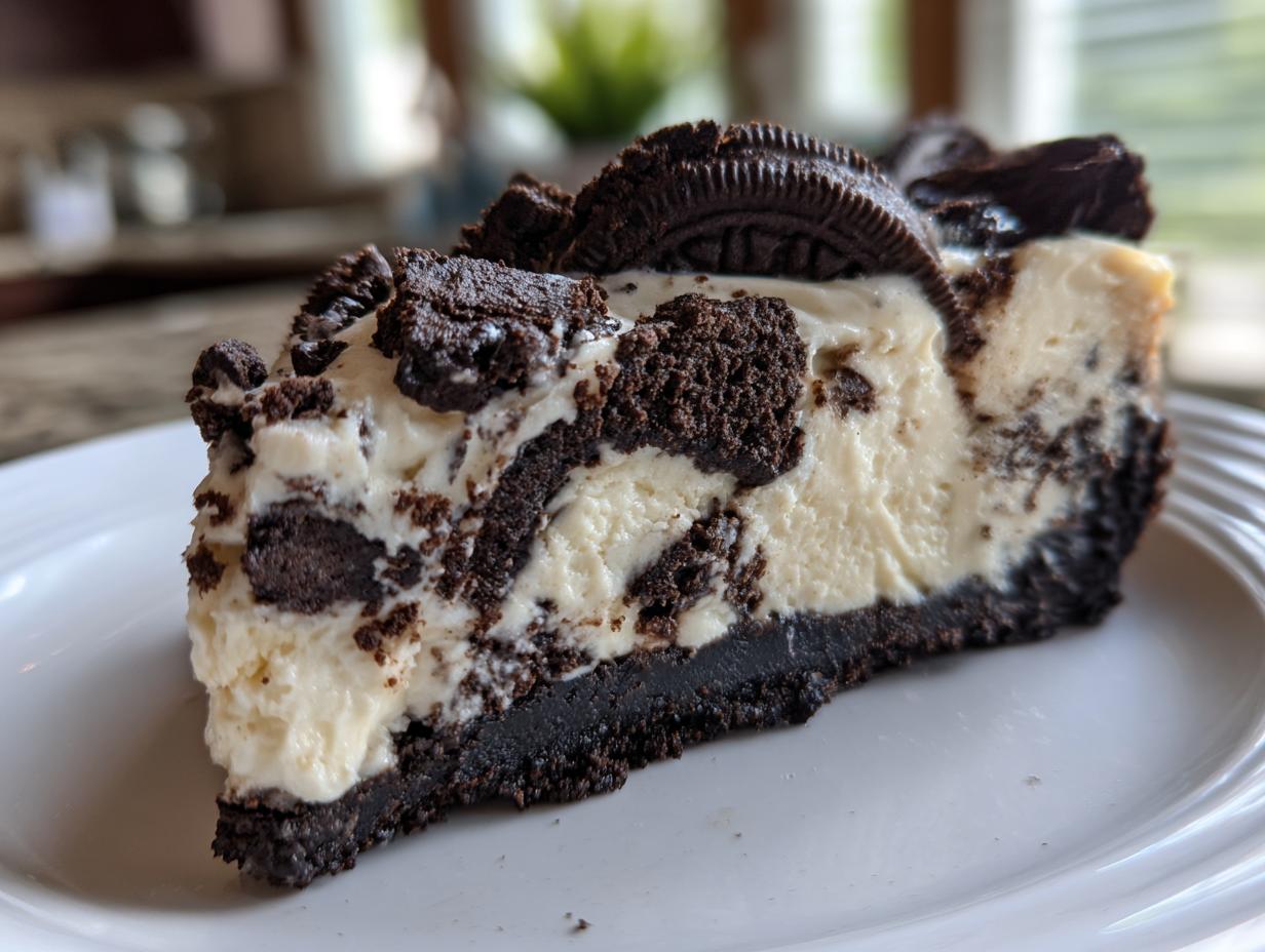 A slice of no bake Oreo cheesecake on a white plate, featuring a chocolate cookie crust and creamy filling with Oreo crumbles.