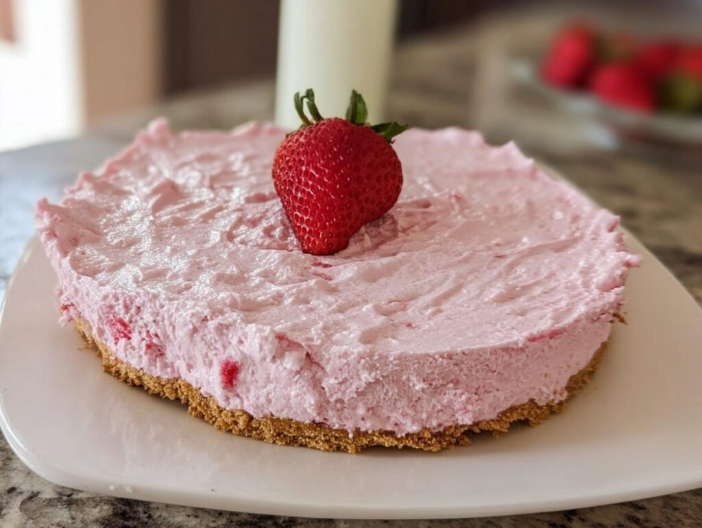 A whole no-bake strawberry cloud cake topped with a fresh strawberry.