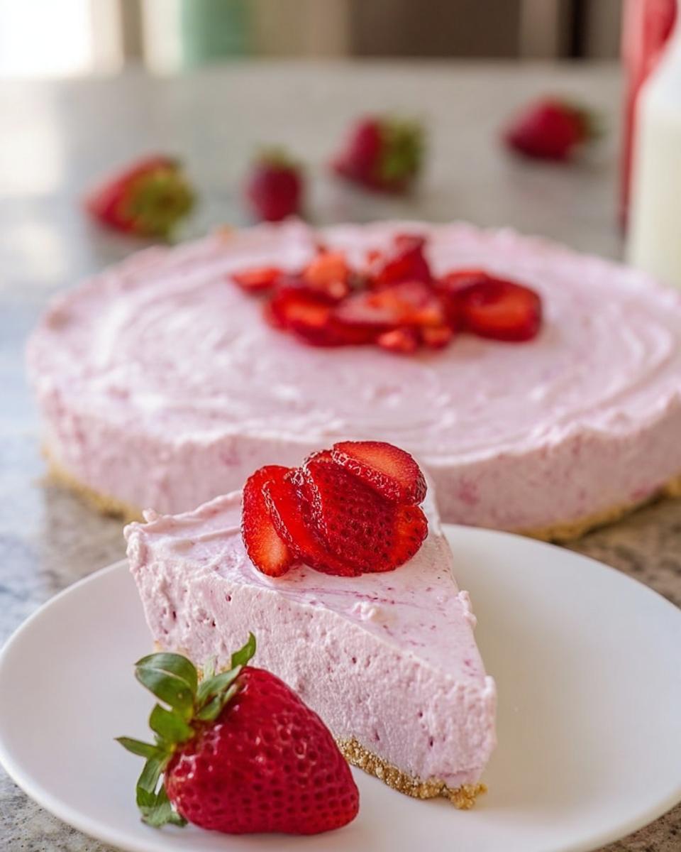 A slice of no-bake strawberry cloud cake on a white plate, topped with fresh strawberries.