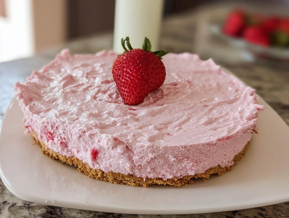A whole no-bake strawberry cloud cake topped with a fresh strawberry.
