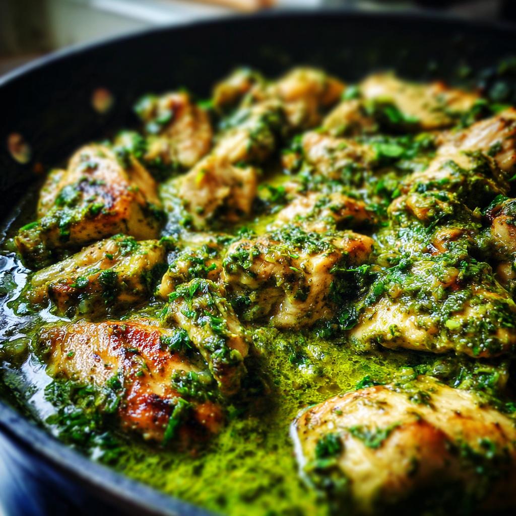 Close-up of juicy chicken breast pieces coated in a vibrant green creamy pesto sauce in a pan.