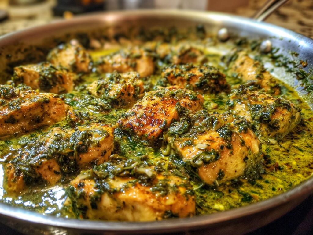 Close-up of pan-seared chicken breast pieces in a creamy pesto sauce in a stainless steel skillet.