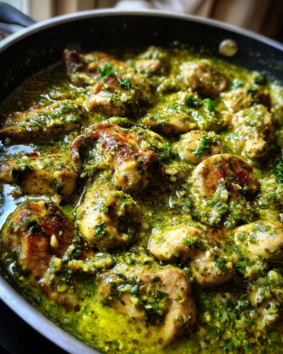 Close-up of juicy chicken breast pieces coated in a vibrant, creamy pesto sauce in a black skillet.