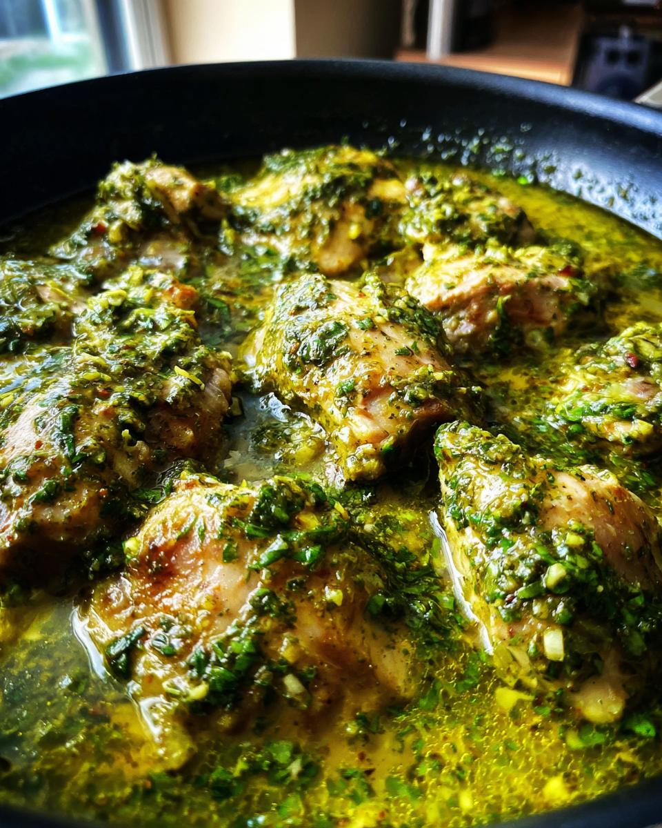 Close-up of juicy chicken breast pieces simmering in a creamy pesto sauce in a black pan.