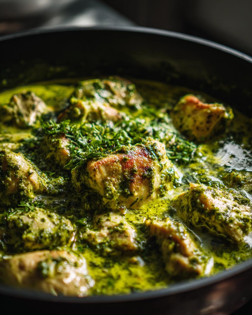 Close-up of tender chicken breast pieces coated in a vibrant green creamy pesto sauce in a pan.
