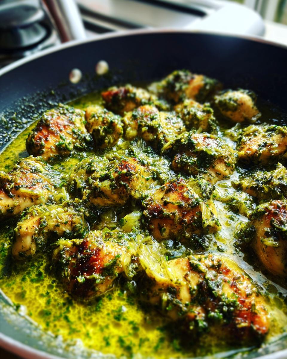 Close-up of juicy chicken breast pieces coated in creamy pesto sauce in a one-pan dish.