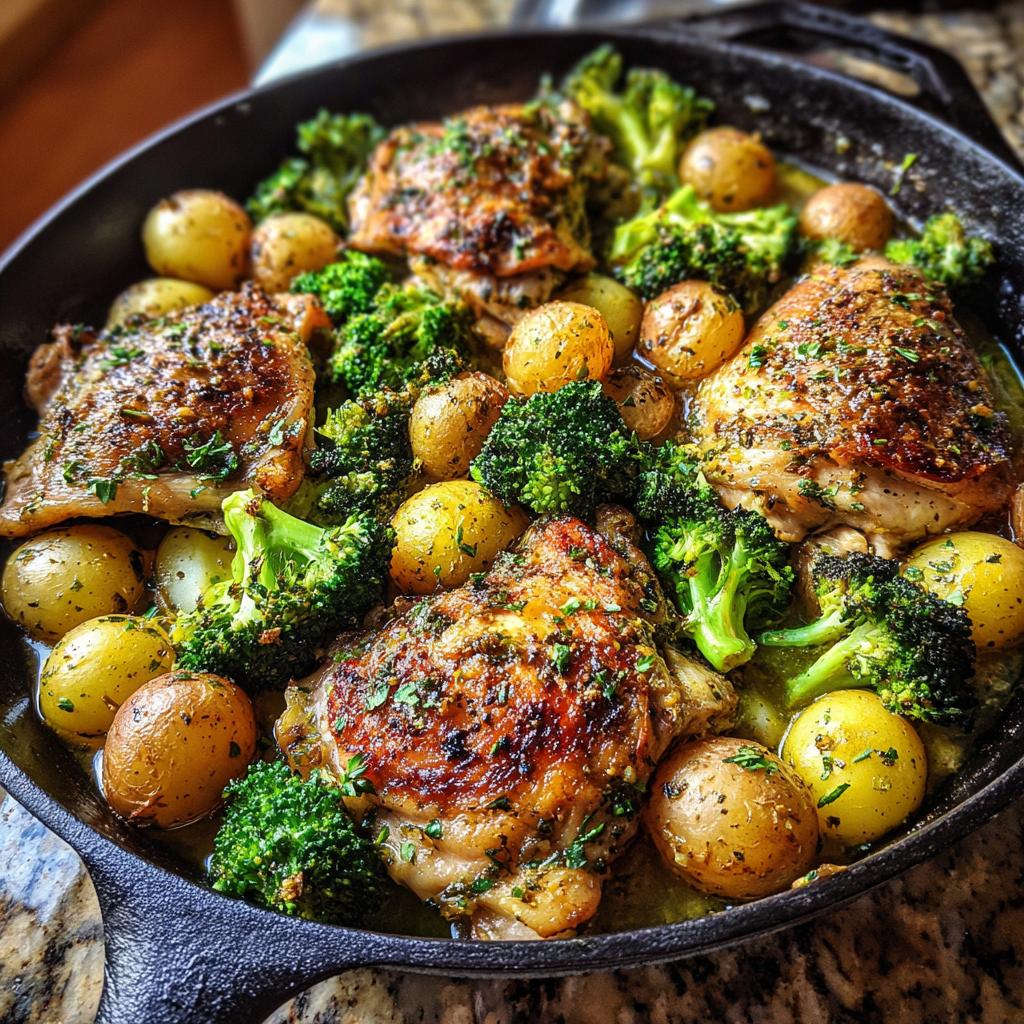 Close-up of a cast iron skillet filled with one pan lemon chicken, roasted potatoes, and broccoli florets, garnished with herbs.