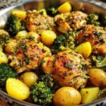 A close-up of a one pan lemon chicken dish featuring golden-brown chicken thighs, baby potatoes, and vibrant broccoli florets.